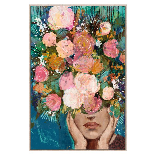 Cuadro mujer flores Medidas: 123 cm x 4,5 cm x 83 cm  Material: Pintura Peso neto: 3.600 grs.