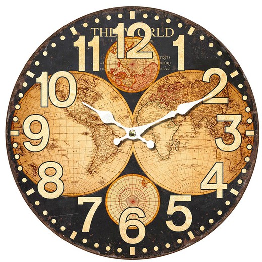 Reloj mundo Medidas: 34 cm x 4 cm x 34 cm  Material: MDF Peso neto: 415 grs.