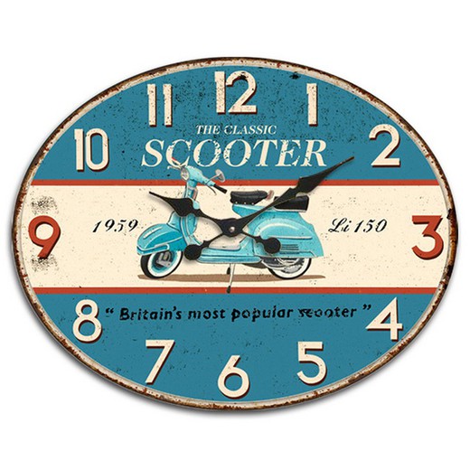 Reloj oval vespa Medidas: 39 cm x 0,2 cm x 49 cm  Material: MDF Peso neto: 675 grs.