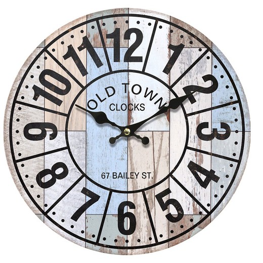 Reloj pared 34 cm. Medidas: 34 cm x 4 cm x 34 cm  Material: MDF Peso neto: 415 grs.