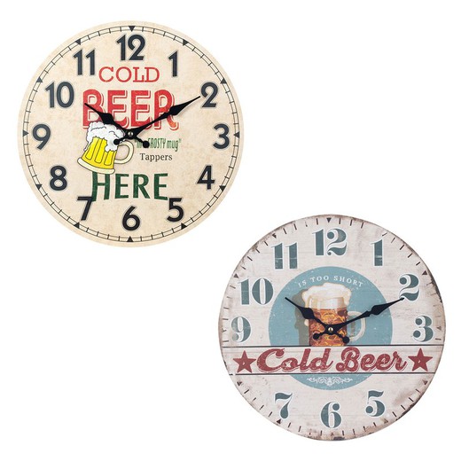 Reloj pared cerveza 34cm Medidas: 34 cm x 4 cm x 34 cm  Material: MDF Peso neto: 415 grs.