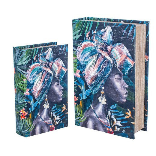 S/2 cajas libro africana Medidas: 7 cm x 18 cm x 27 cm  Material: MDF Forrado Poly Peso neto: 870 grs.