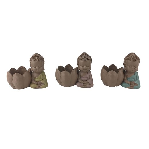 Figura Buda c/maceta 3 dif. Medidas: 14 cm x 9 cm x 15,5 cm  Material: Resina Peso neto: 300 grs.