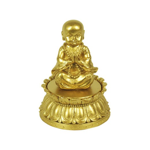 Figura Buda con caja dorado Medidas: 15,5 cm x 11,5 cm x 11,5 cm  Material: Resina Peso neto: 525 grs.