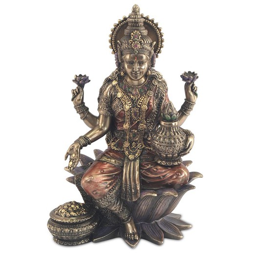 Figura Lakshmi sentado Medidas: 18 cm x 9 cm x 11 cm  Material: Resina Peso neto: 650 grs.