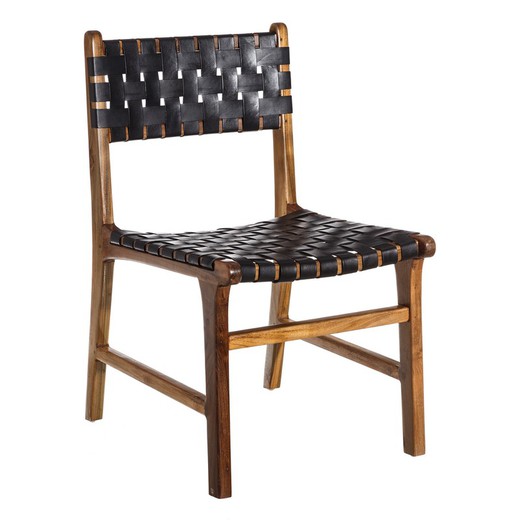 Silla Negro Madera Teca-Piel Salón 56 X 48 X 80 Cm