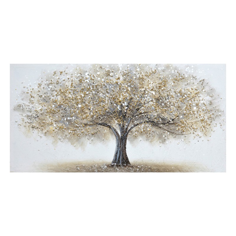 Consola recibidor blanca y plata, cuadro árbol